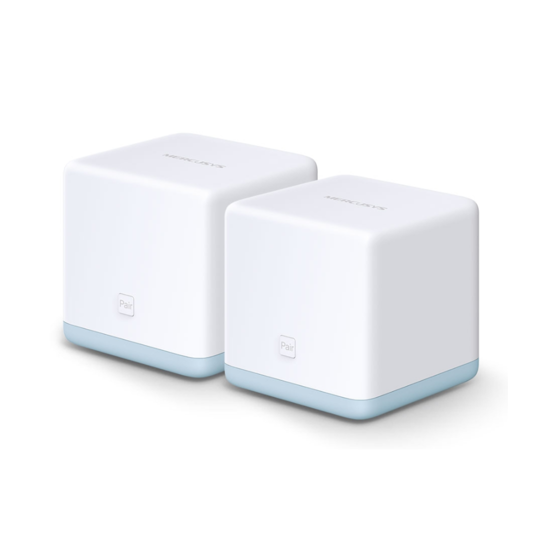 Two white cubes with blue accents on a white background